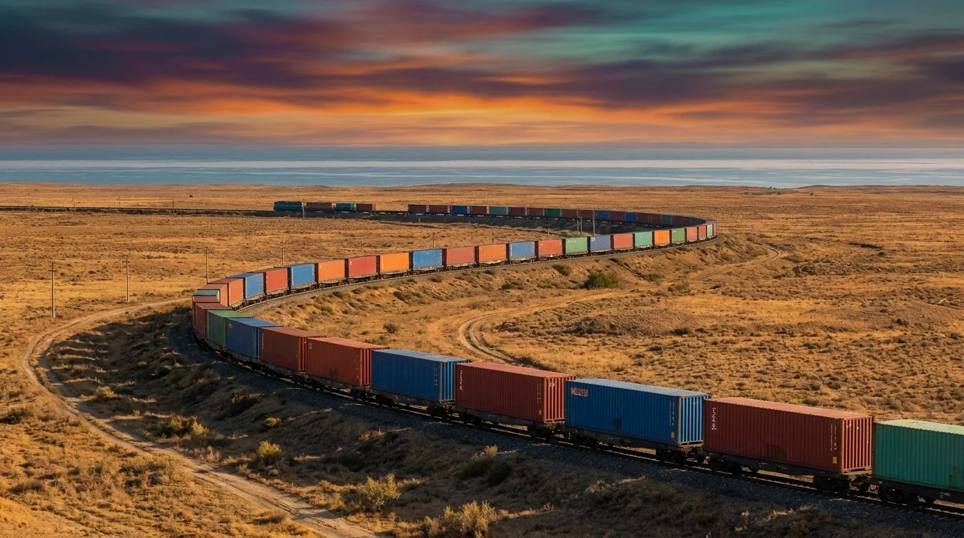 Containerzug zieht bei tiefstehender Sonne in einer weiten S-Kurve durch die kasachische Steppe